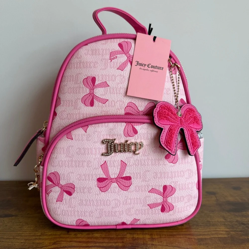 New Juicy Couture Simply Sweet Pink Bow Backpack Cute Coquette Gold Charm